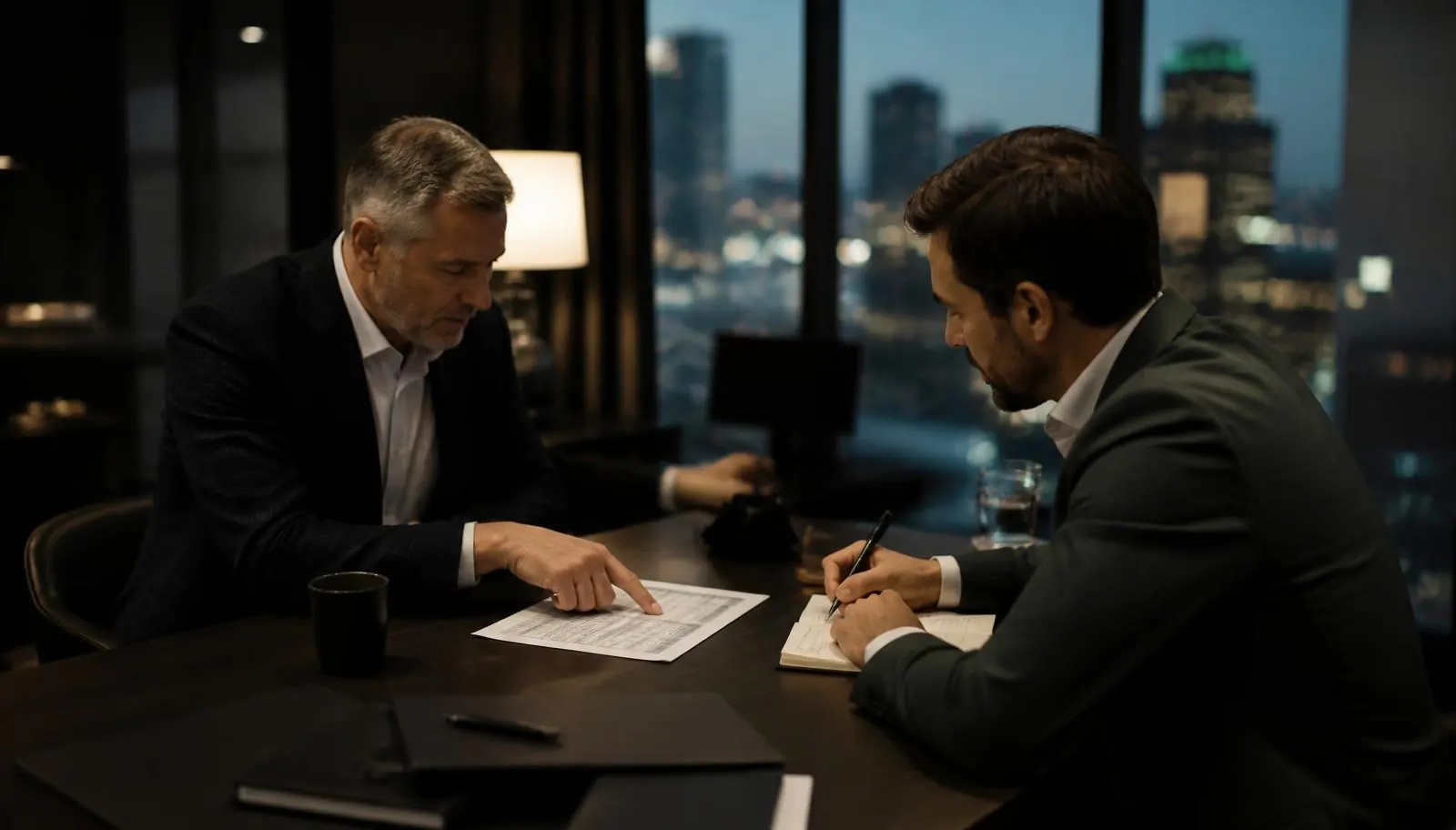 Two advisors reviewing cannabis financial documents together in a dark advisory office overlooking the Denver skyline at dusk