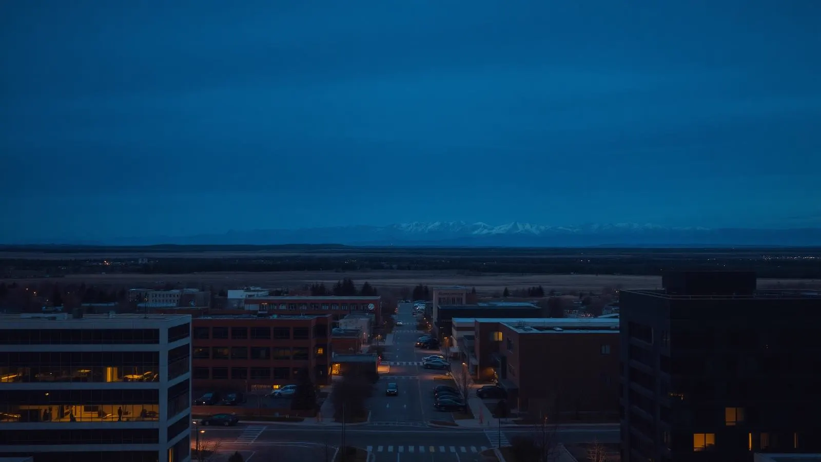 Modern business district on the eastern edge of the Denver metro at blue hour