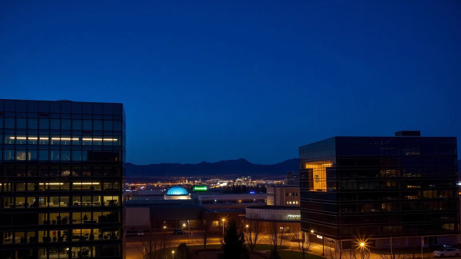South Denver metro office buildings at blue hour with distant mountains