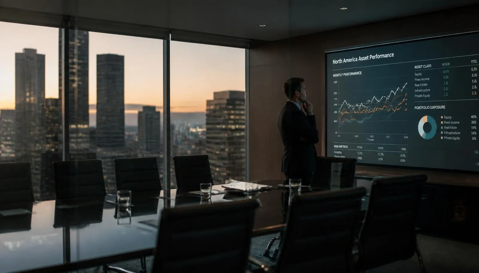 Fractional CFO strategy session reviewing cannabis financial projections in a glass boardroom overlooking the Rocky Mountain foothills at dusk
