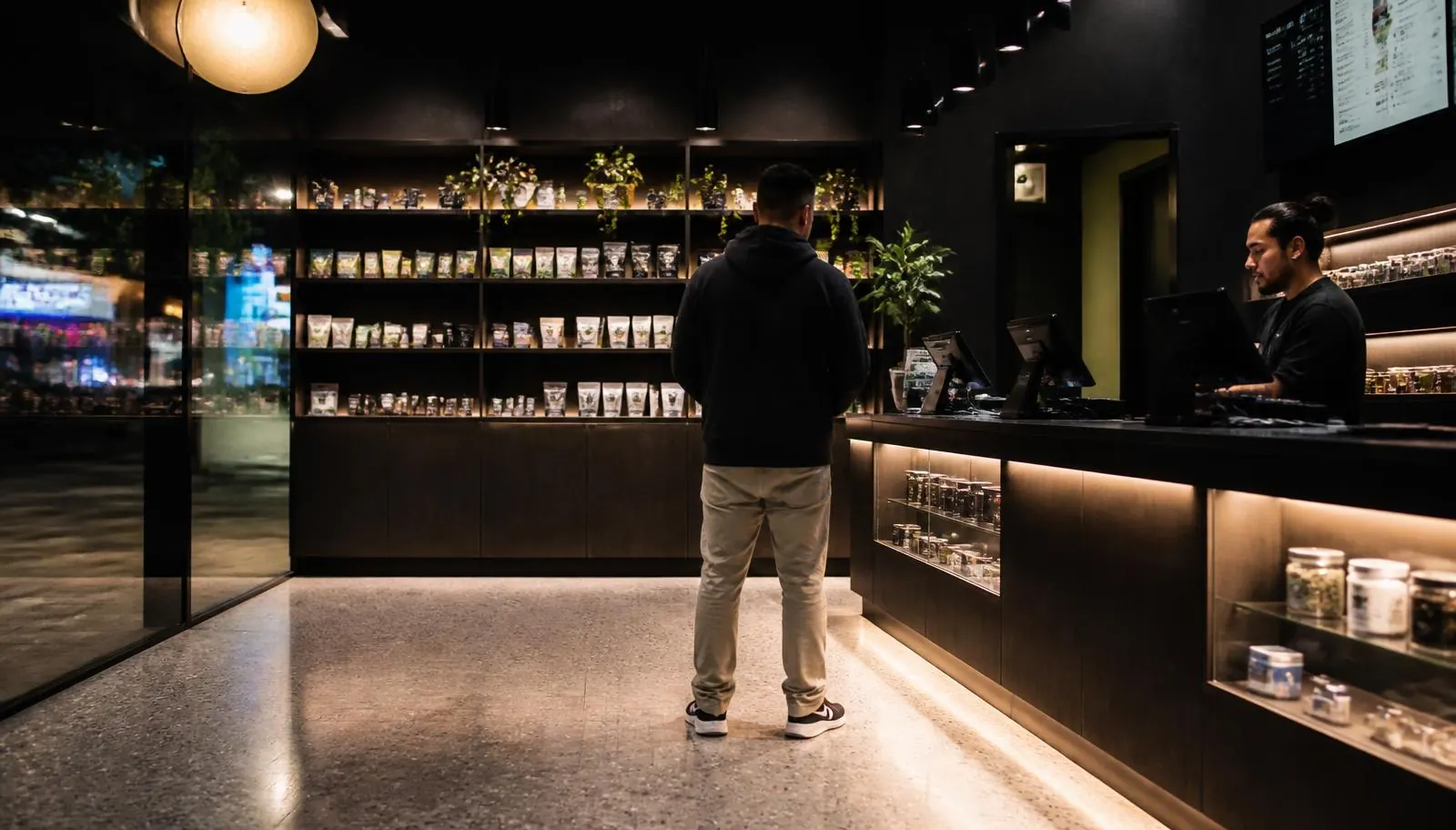 Modern licensed Colorado marijuana dispensary interior with dark wood and backlit display casework