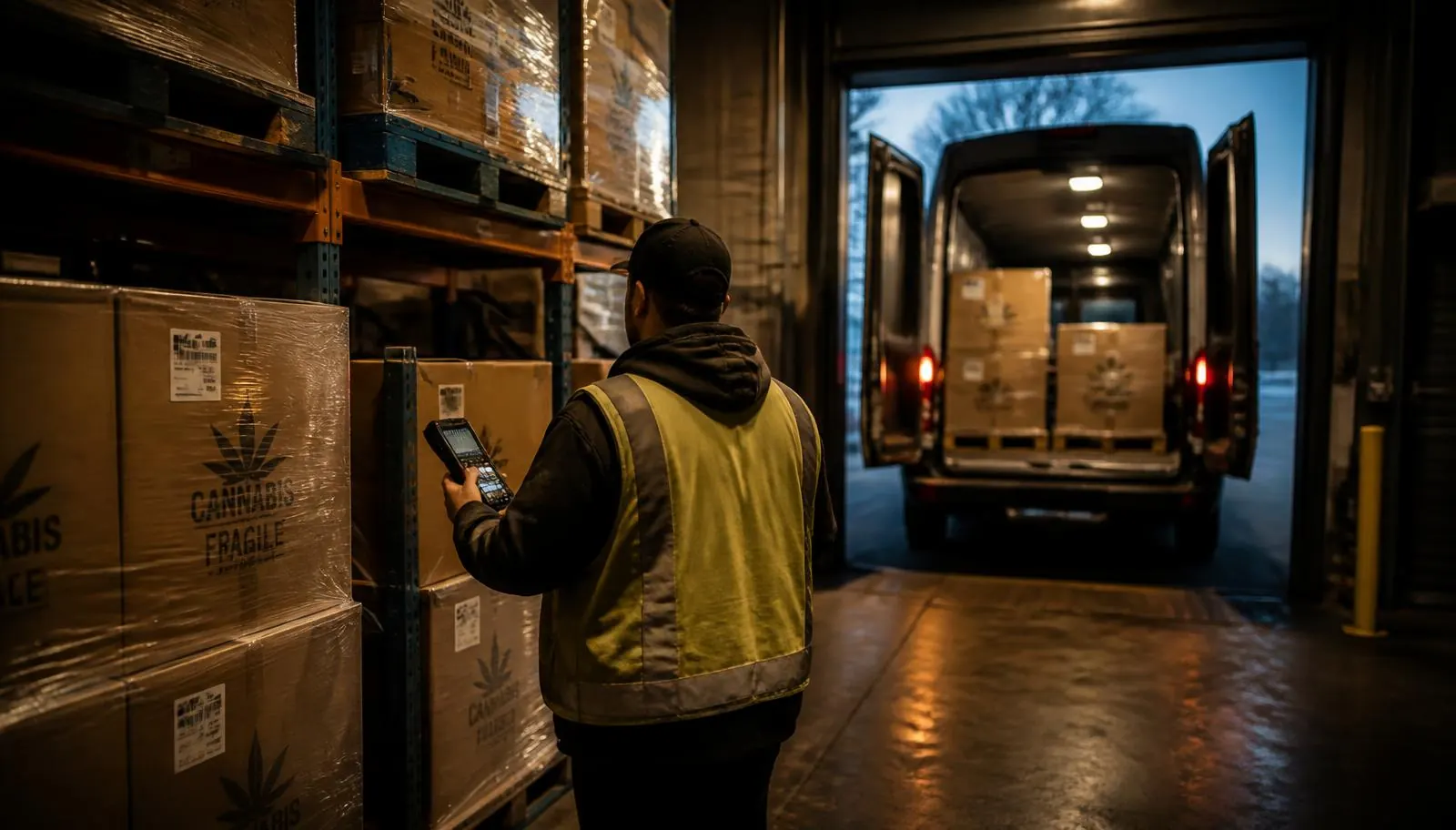 Colorado cannabis transporter warehouse with palletized inventory, secure racking and a delivery vehicle bay
