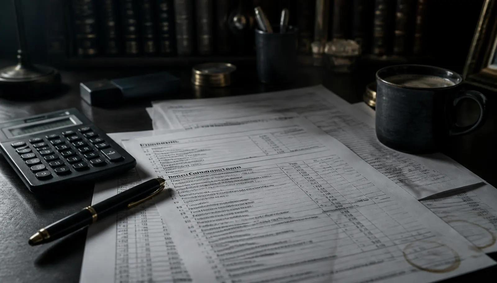 Printed Colorado cannabis financial statements, 280E tax schedules and a calculator on an executive desk