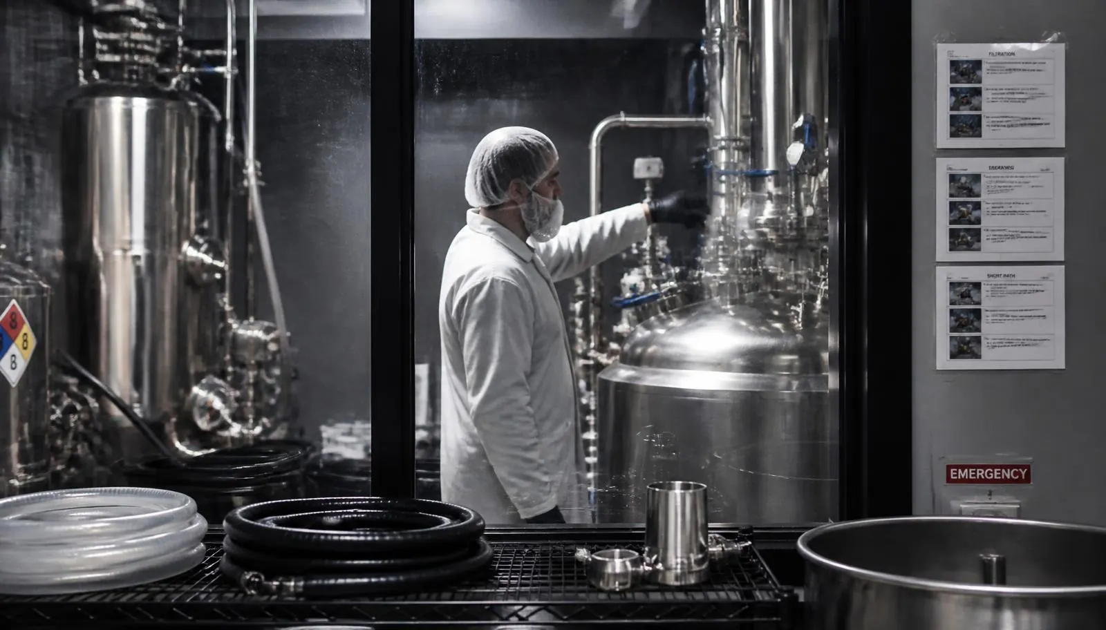 Colorado infused products manufacturing and extraction facility with stainless steel processing equipment behind clean-room glass