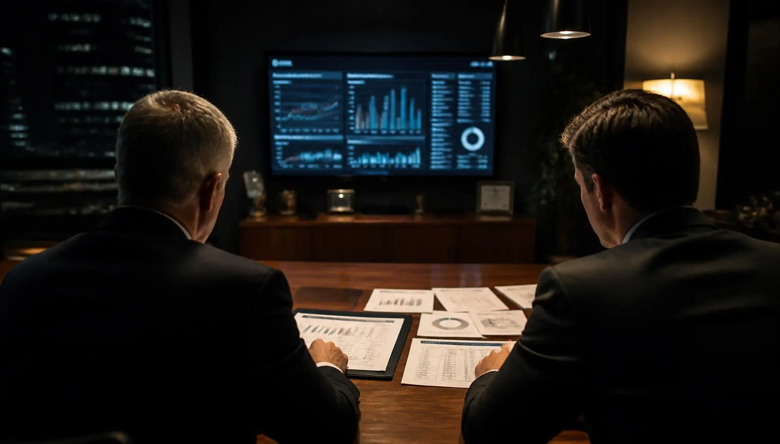 Cannabis accountants reviewing financial reports and margin analytics on screen in a Denver executive office