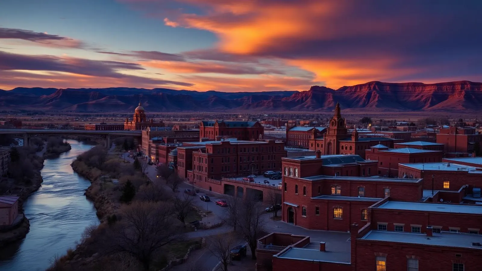 Historic brick district and river in Pueblo, southern Colorado, at sunset