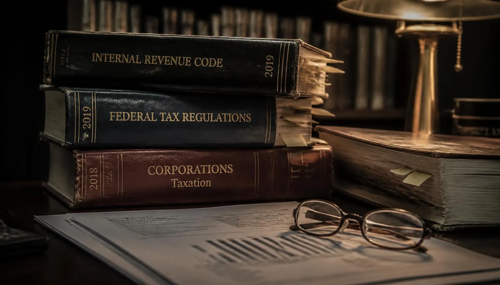Bound accounting and tax reference volumes beside a printed Colorado cannabis financial report on a dark desk